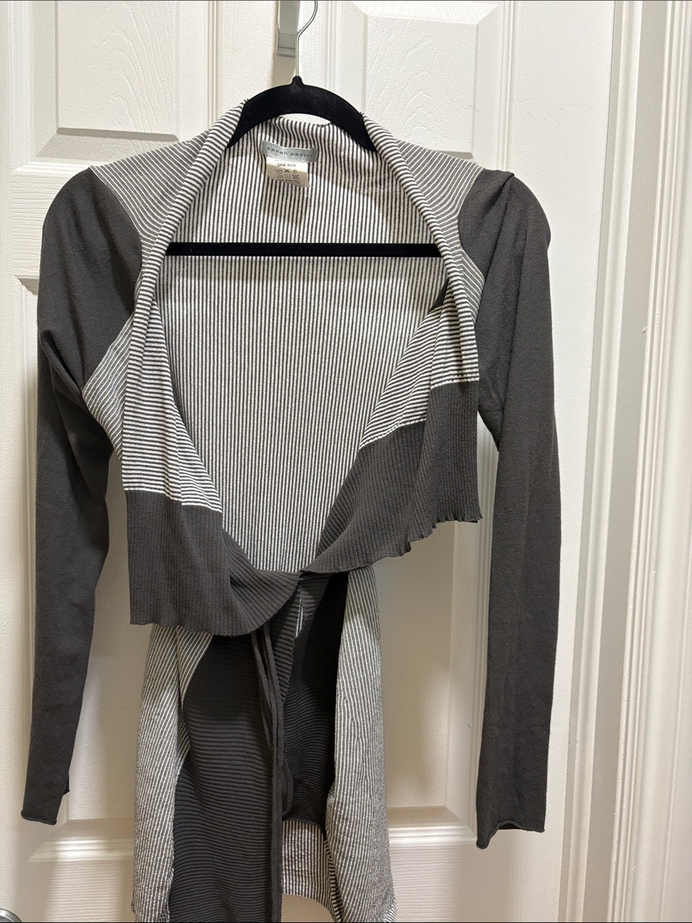 Sarah Pacini Gray and White Striped Open-Front Cardigan